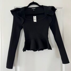 Express Black Ruffle-Sleeve Peplum Ribbed Top size small NWT